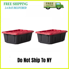 2 Pack Hyper Tough 17 Gallon Heavy Duty Plastic Storage Bin Box Black Red Lid