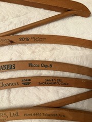 Ten Vintage Wooden Advertising Clothes Hangers, Metal Hooks, Traditional 16in