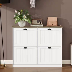 32 In. H X 40 In. W White Wood Slim Shoe Storage Cabinet with 4 Flip Drawers, Ad