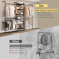 T1 Wall Mounted Closet System Industrial Pipe Clothing Rack with 6 Wooden
