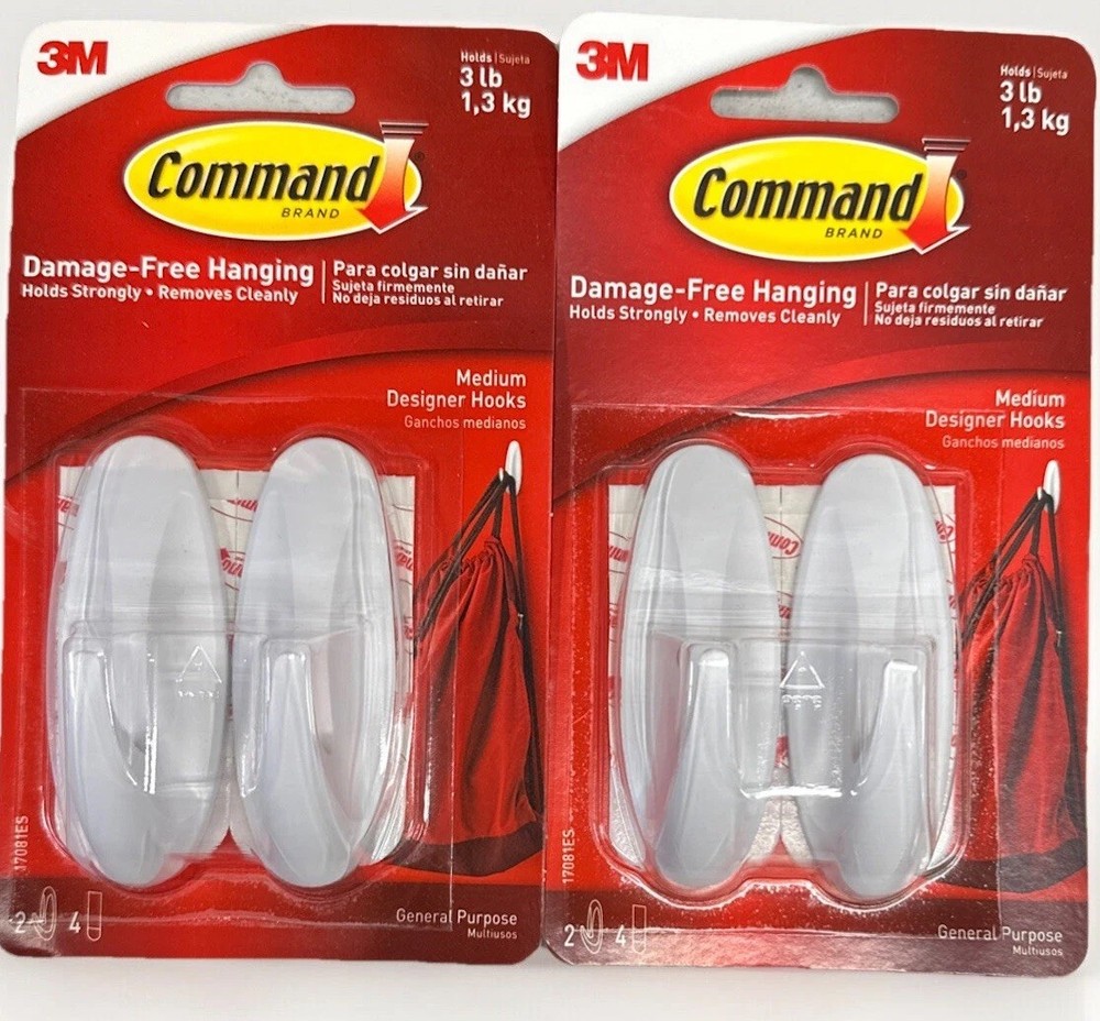 3M Command 2 Medium Designer HOOKS 4 STRIPS Multi-Use White 17081 – 2 Packs {59