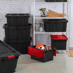 Sterilite 27 Gal Industrial Tote Stackable Storage Bin with Latching Lid, 4 Pack