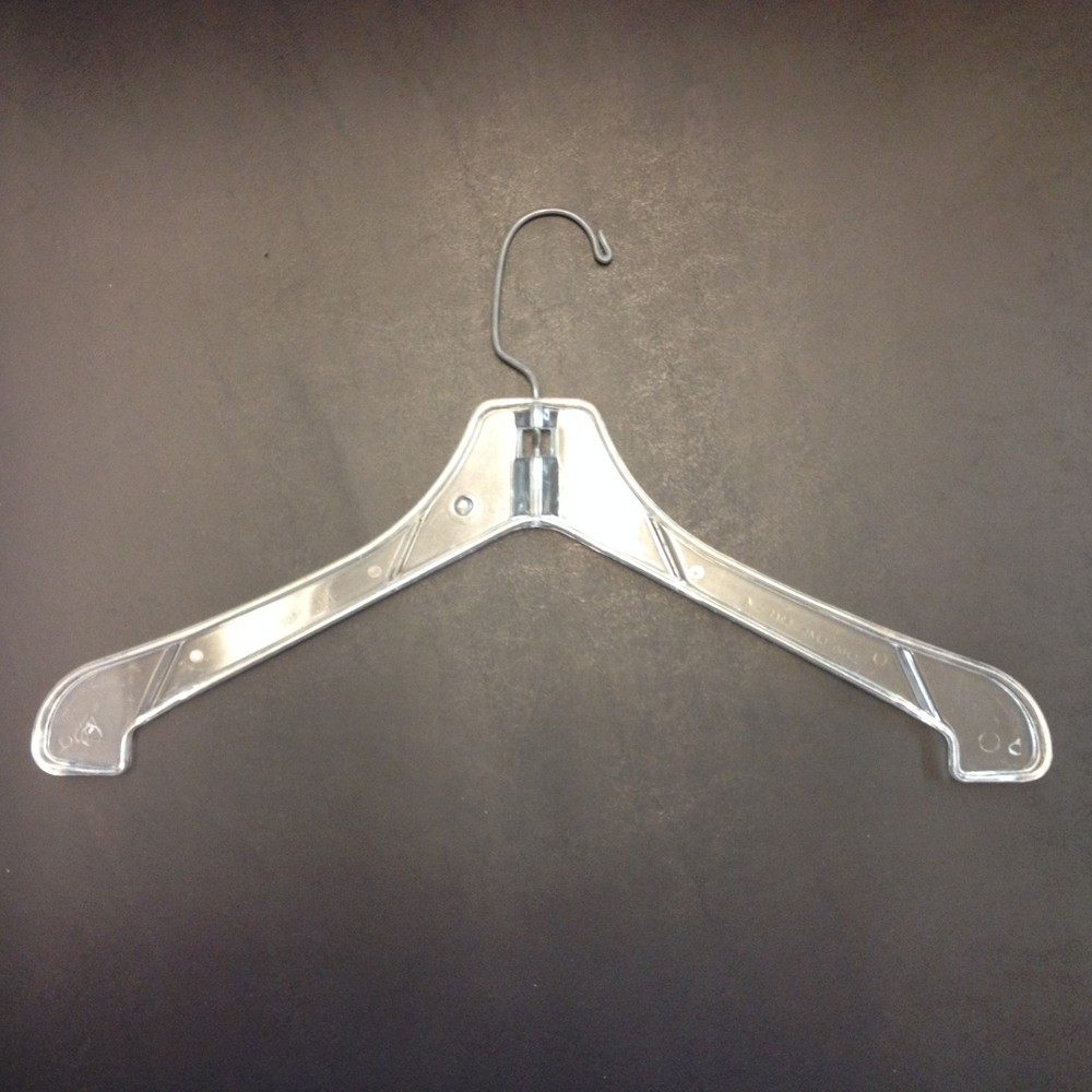 CLEAR PLASTIC JACKET/COAT, HANGER 16.5 in WIDE,a, HEAVIER WEIGHT,70/CASE USED