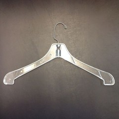 CLEAR PLASTIC JACKET/COAT, HANGER 16.5 in WIDE,a, HEAVIER WEIGHT,70/CASE USED