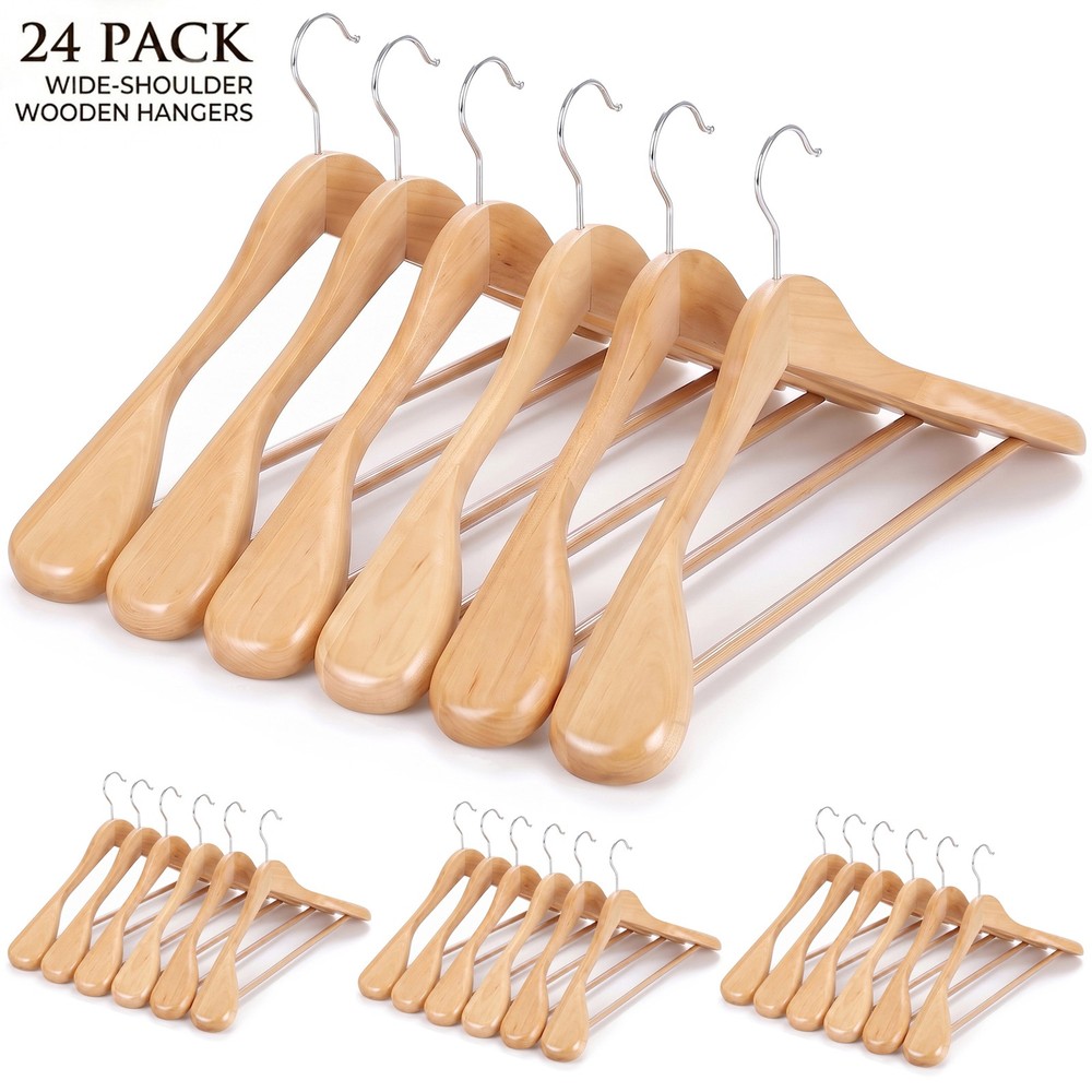 24 Pack Premium Wide Shoulder Wooden Suit Hangers with Anti-Slip Bar for Coats