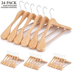 24 Pack Premium Wide Shoulder Wooden Suit Hangers with Anti-Slip Bar for Coats