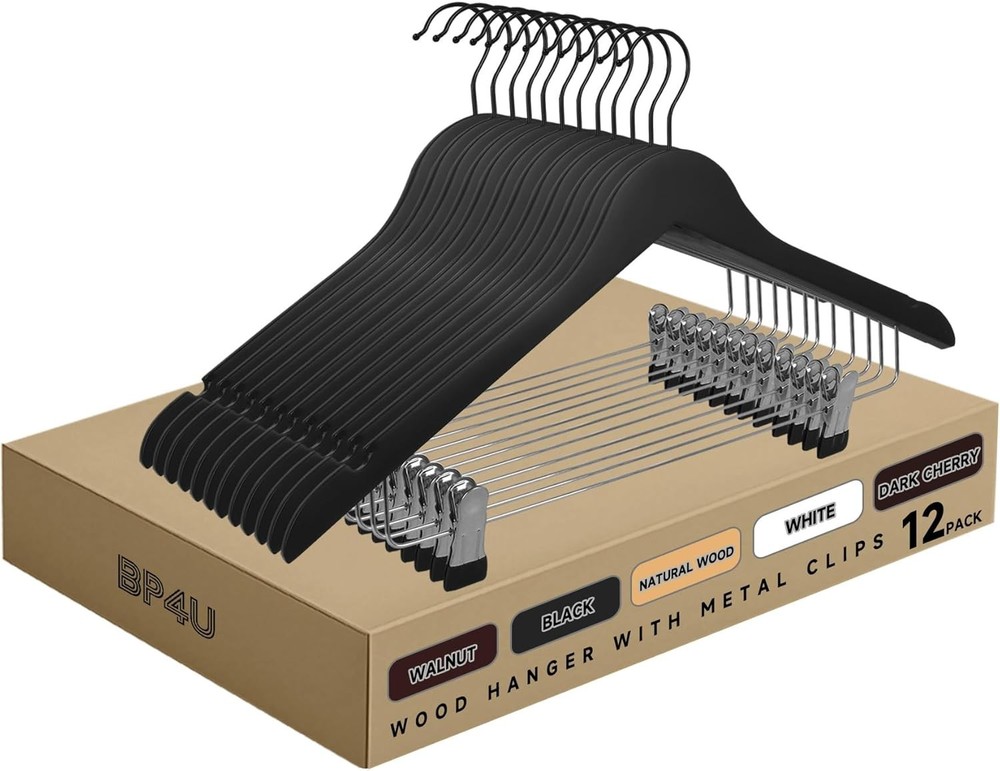 BP4U Wooden Clothes Hangers w/Clips for Suits/Coats/Jackets/Skirts/Dress/Pants