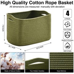 Storage Basket Shelves Woven Cotton Rope Book Decor Green 12.5×9.1×7.9″ 4 PCS