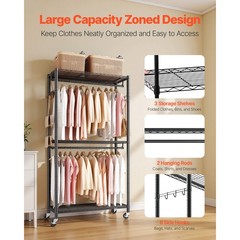 Uimoso Adjustable 3-Tier Rolling Garment Rack for Clothing Storage, Black