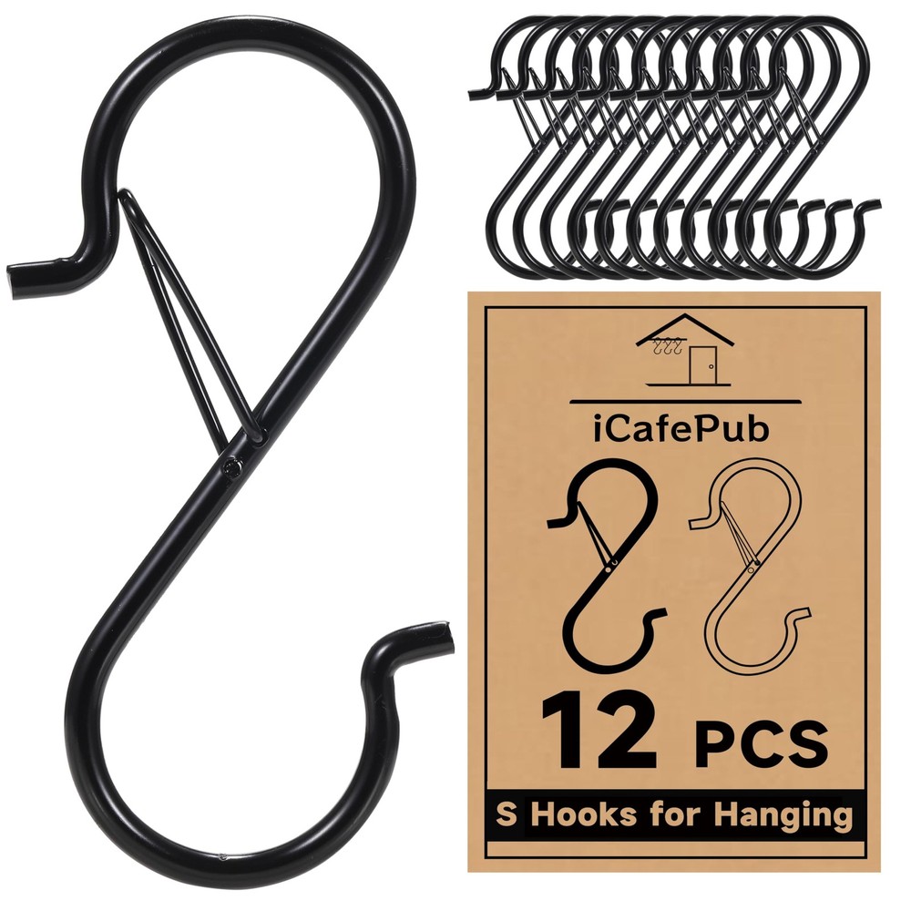 iCafePub 12 PCS S Hooks for Hanging with Safety 3.5 Inch 12 Pcs, Black