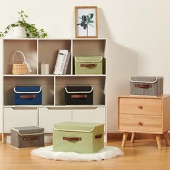 Collapsible Cotton Linen Storage Bin with Faux Leather Handles Decorative Fabric