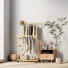 Heavy Duty Double Clothes Rail Wooden Garment Stand Hanging Rack w/Rolling Wheel