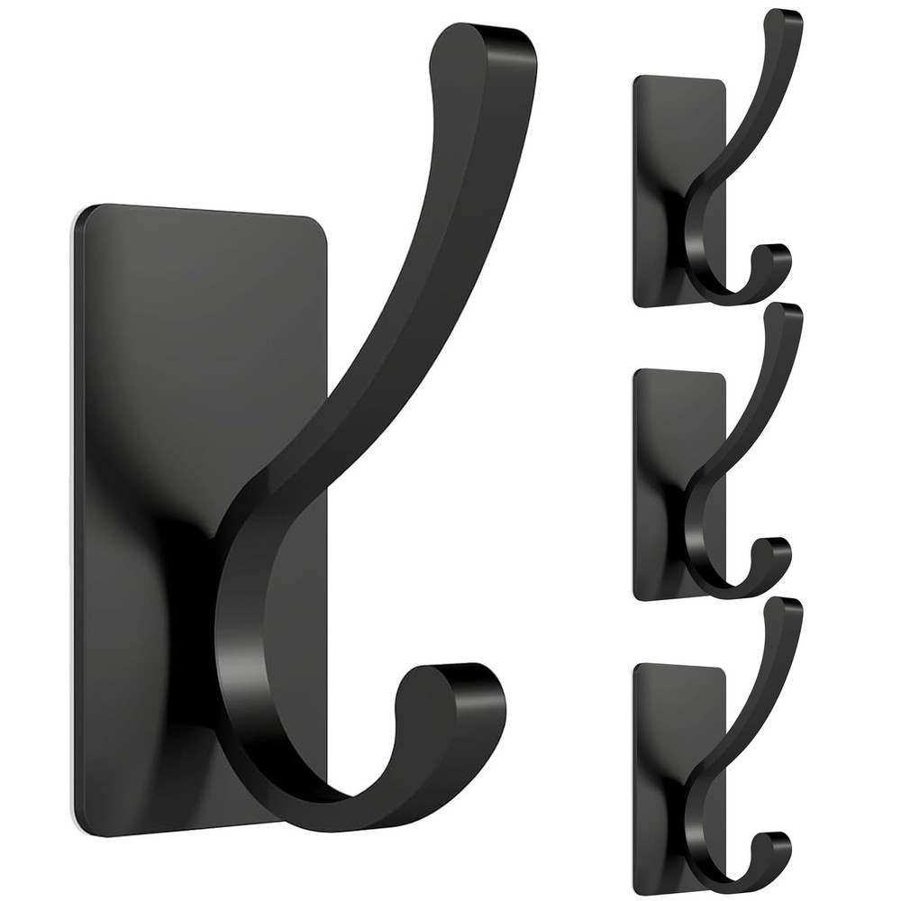 4 PCS Heavy Duty Self Adhesive Wall Hooks Coat Jacket Hat Door Hanger Black