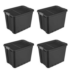 Sterilite 27 Gal Rugged Industrial Stackable Storage Tote w/ Lid, Black, 4 Pack