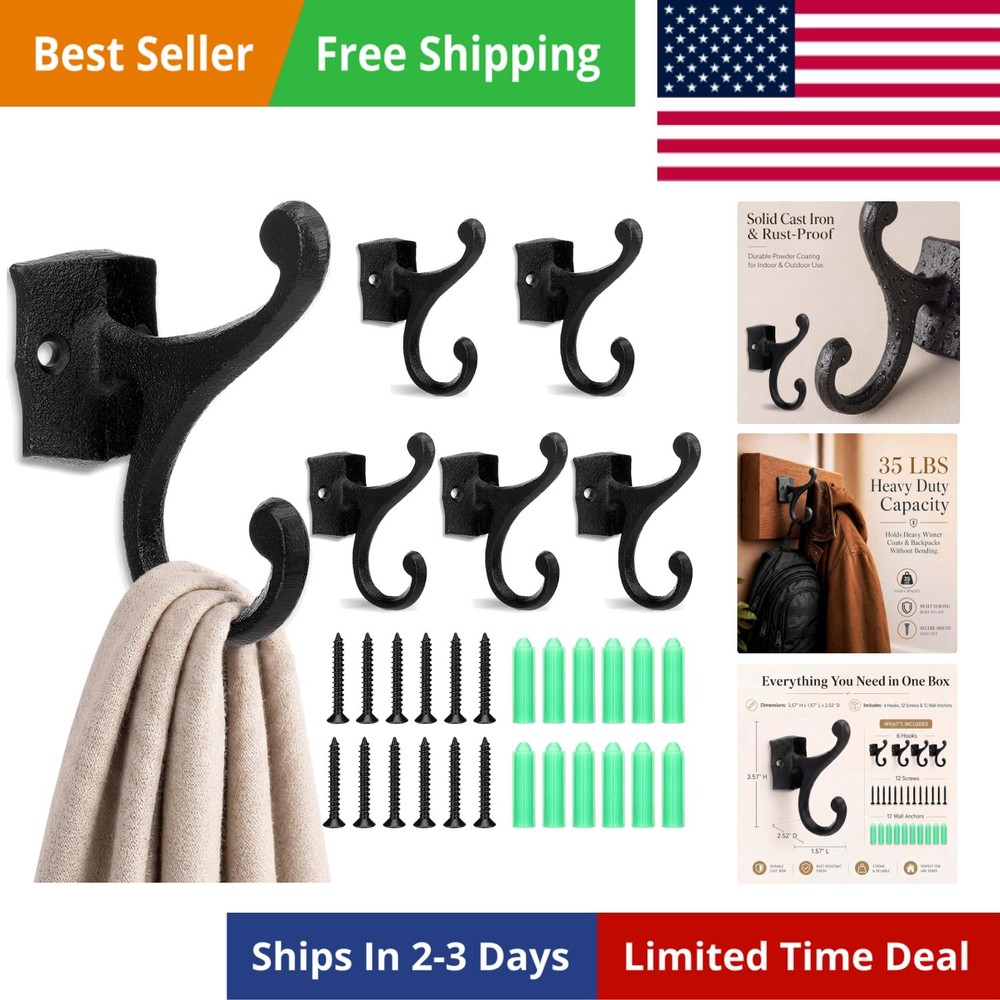6 Pack Cast Iron Hooks Rustic Black Double Wall Hooks 35lb Capacity Farmhouse…