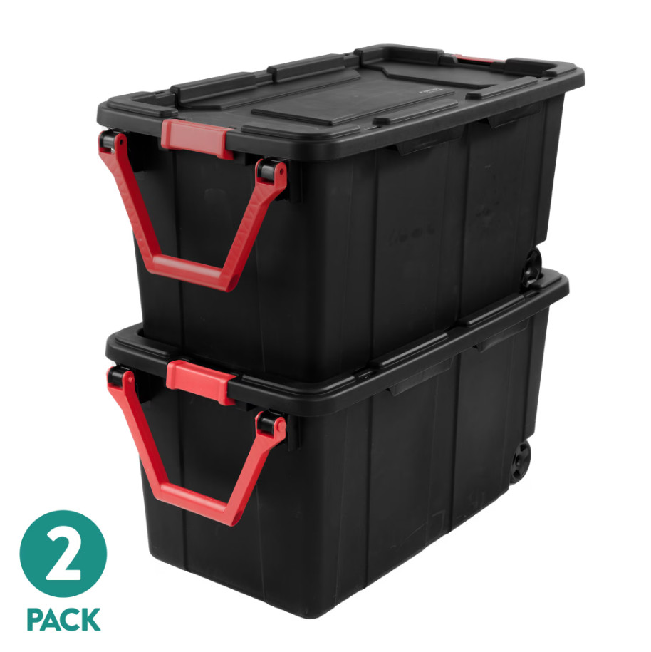 Sterilite 2 Pack 40 Gal Wheeled Industrial Storage Bin Plastic Tote Lid Handle