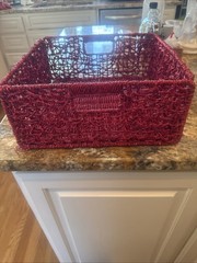 Red Straw Storage Basket Woven Handles Free Standing Square Contemporary