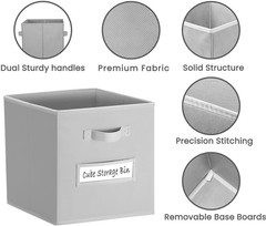 Light Grey Fabric Storage Bins Set of 6 with Labels & Pen, 11 Inch Cubes