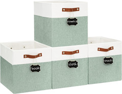 Large 13×13 Fabric Storage Cubes 4-Pack with Labels – White/Green Bins