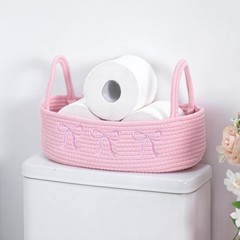 Pink Bow Woven Storage Basket for Toilet Tank Top Boho Cotton Rope Bathroom