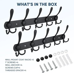 Wall Mounted Coat Rack, Five Heavy Duty Tri Hooks All Metal Construction , 2 pcs