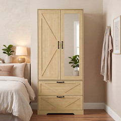 Farmhouse Wooden Closet Organizer Mirror Wardrobe with Drawers and Hanging Rods