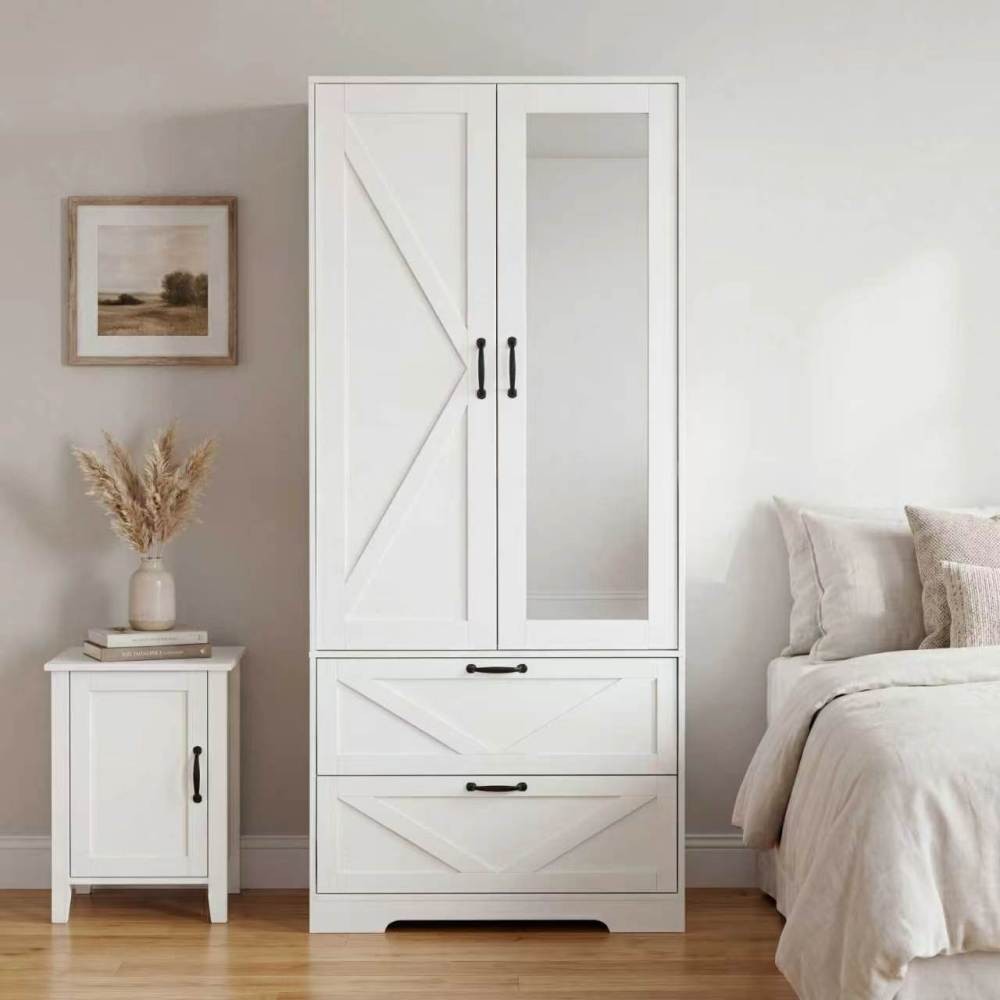 Farmhouse Wooden Closet Organizer Mirror Wardrobe with Drawers and Hanging Rods