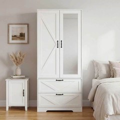 Farmhouse Wooden Closet Organizer Mirror Wardrobe with Drawers and Hanging Rods