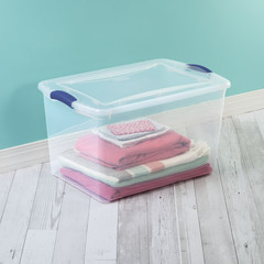 Sterilite Large Latching Storage Bin 66 Quart Clear Plastic Blue Latch, 6 Pack