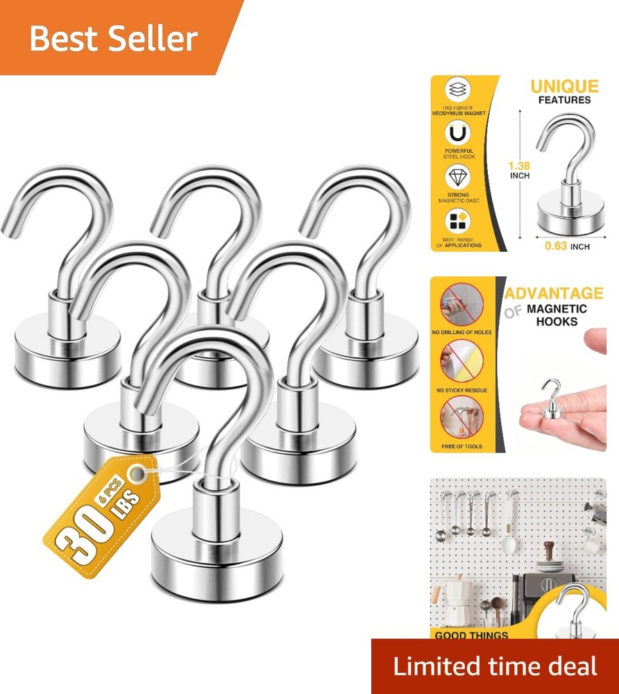 Durable Magnetic Hooks 30lbs – 6 Heavy Duty Neodymium Hooks for Easy Hanging