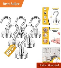 Durable Magnetic Hooks 30lbs – 6 Heavy Duty Neodymium Hooks for Easy Hanging