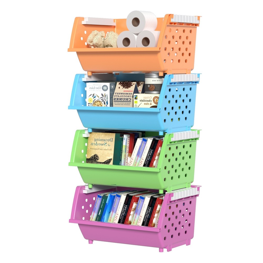 4-Pack Colored Stackable Storage Bins for Pantry Organizer Large Plastic Baskets