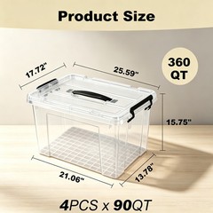 4 Pack 360 QT 340L Clear Storage Bins with Lids Stackable Plastic Organizer