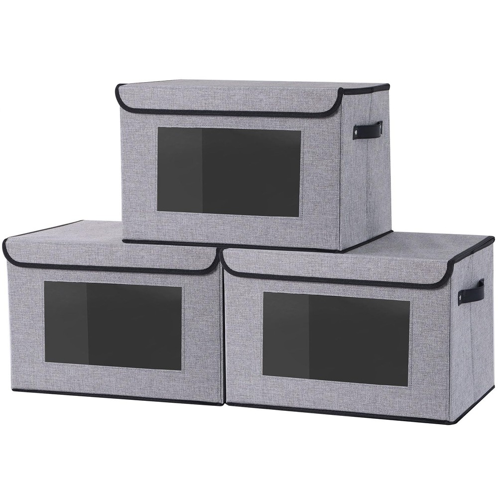 3 PCS Gray Fabric Storage Baskets Boxes With Lids Handles 13×9.1×7.9 Inch