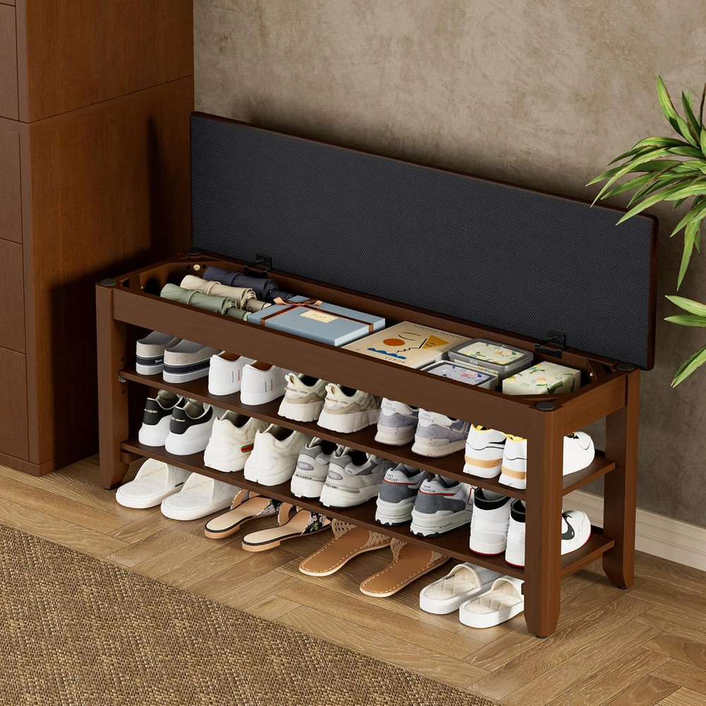 2-Tier Solid Wood Shoe Rack Bench with Flip-Top Storage | Entryway Bench with Cu