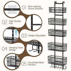 Adjustable Over The Door Organizer Metal Hanging Shelf with Baskets and Hooks