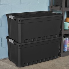 50 Gallon Stacker Tote, Extra Large Durable Plastic Bin Latch Lid Black, 3 Count
