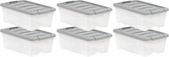 Stackable 12 Quart Plastic Storage Bins with Secure Lids – Set of 6, Clear/Grey