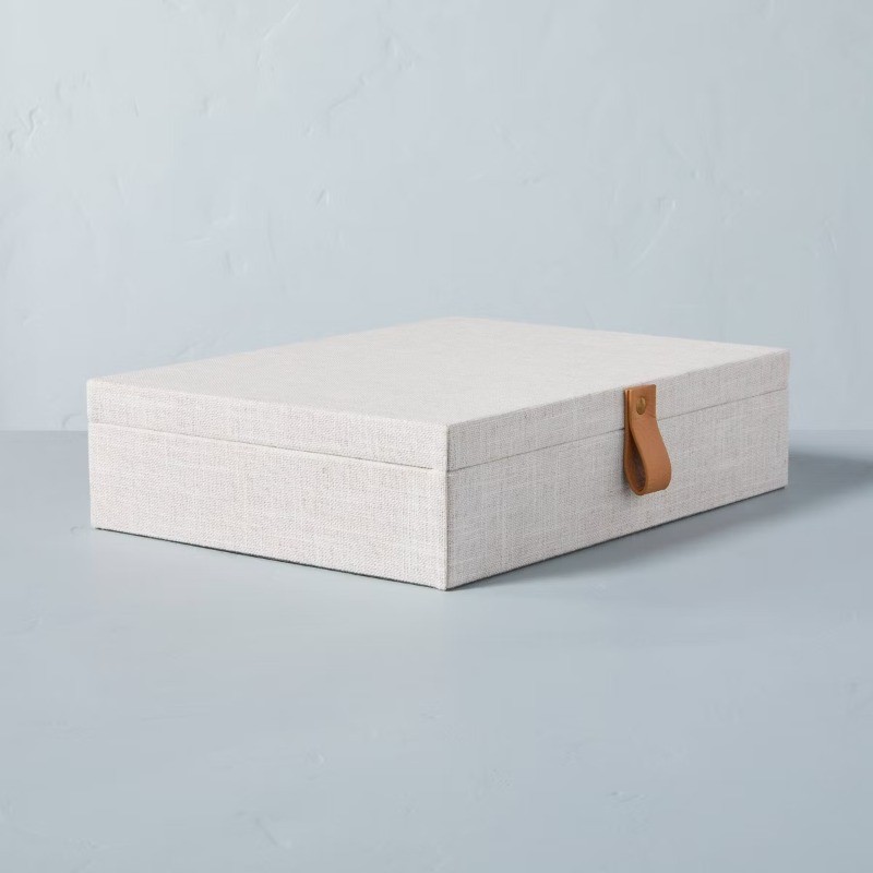 Large Fabric Storage Box with Faux Leather Accent Cream