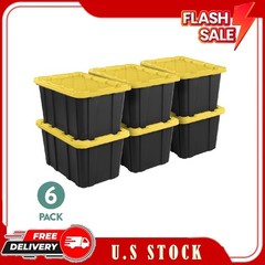 New 27 Gallon Plastic Storage Tote with Snap-On Lid Black Yellow 6 Pack