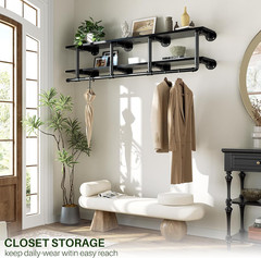 Industrial Pipe Clothes Rack with Top Shelf, 59In Space-Saving Wall Mounted Clot
