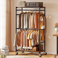 Heavy Duty Rolling Clothes Rack Metal Closet Organizer Wood Shelves 450LB