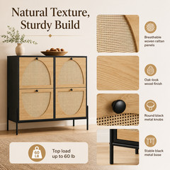 Rattan Shoe Storage Cabinet 4 Flip Down Doors Narrow Entryway Hallway Organizer
