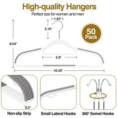 Plastic Hangers 50 Pack, 16.5 in Heavy Duty Clothes Hangers with 360° Swivel Hoo