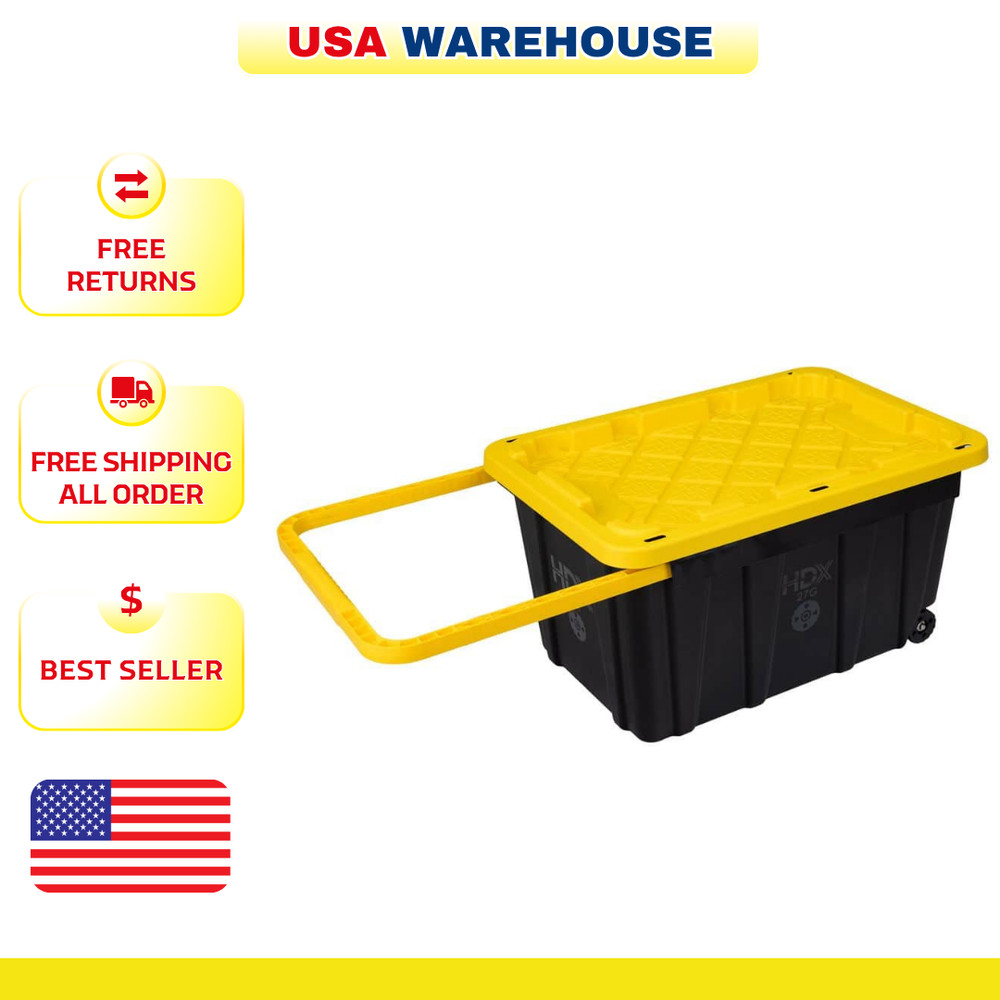 27 Gal. Tough Storage Tote with Wheels and Handle in Black and Yellow