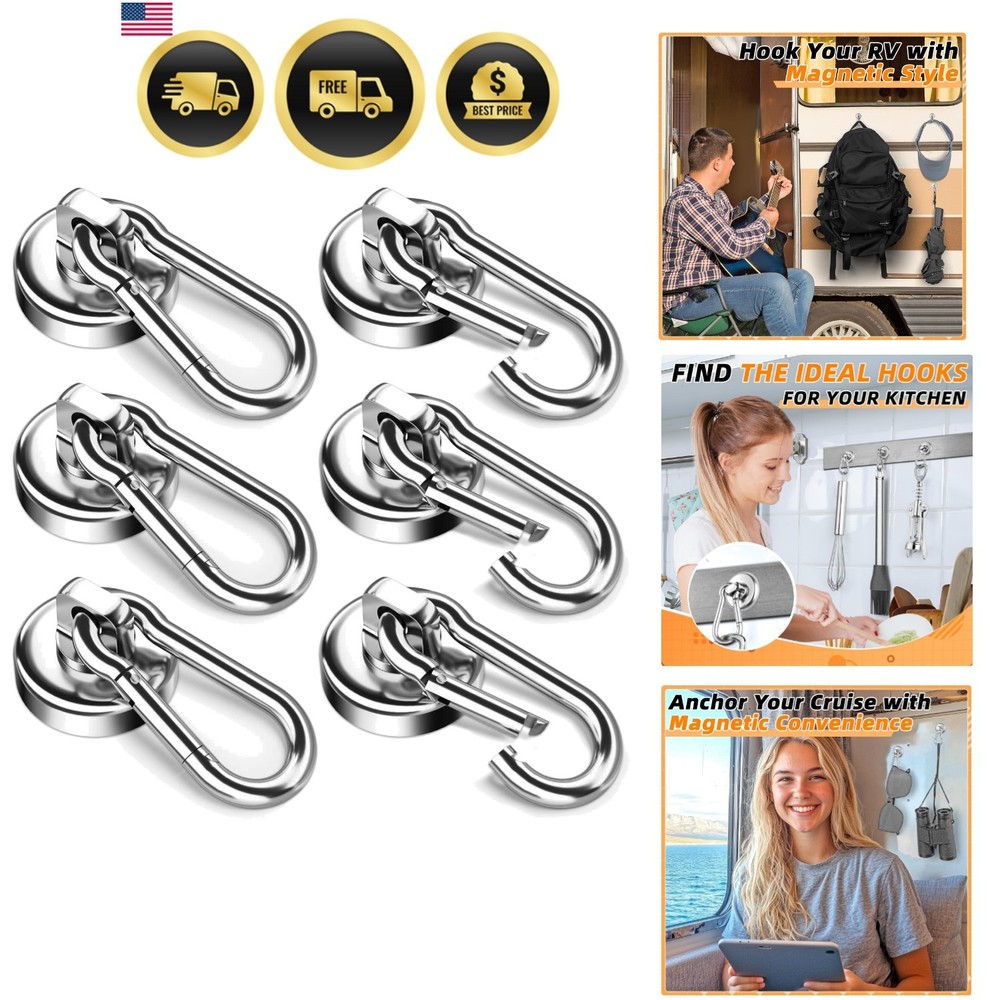 6 Pack Magnetic Hooks with Swivel Carabiner, 70LBS Neodymium Magnet Hooks Hea…