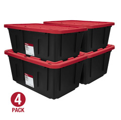 4 Pack Hyper Tough 27 Gallon Storage Bin w/Snap Lid Heavy Duty Black Red