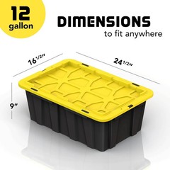 8 PACK of 12 Gallon Medium Black & Yellow Storage Bins | Plastic Tote Organizing