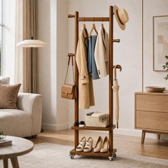 Freestanding Solid Wood Coat Rack with Wheels, 5 Hooks & 2 Shelves – Heavy Duty