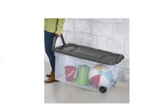 160 Qt Wheeled Storage Box Clear Plastic Bin with Latch Lid Gray